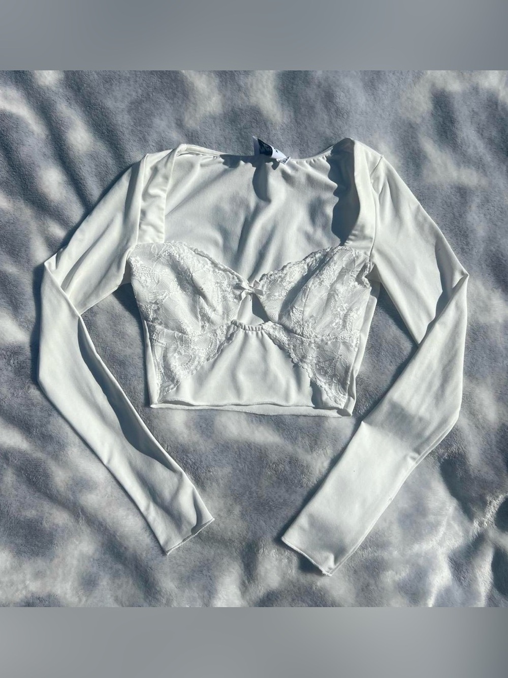 Princess Polly White Lace-Front Long Sleeve Crop Top